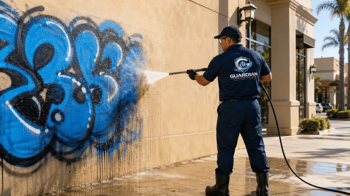 Guardian technician pressure washing blue graffiti off a commercial building wall