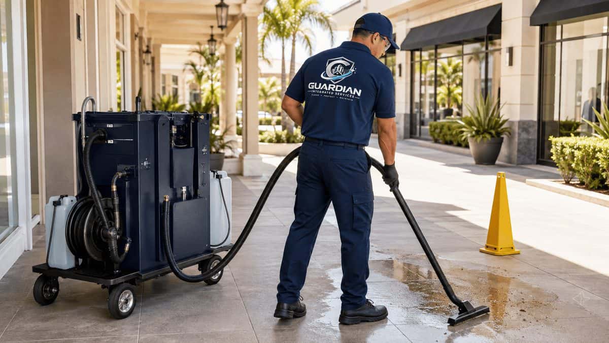 Guardian technician using a wet vacuum recovery system on a tiled walkway outside a storefront