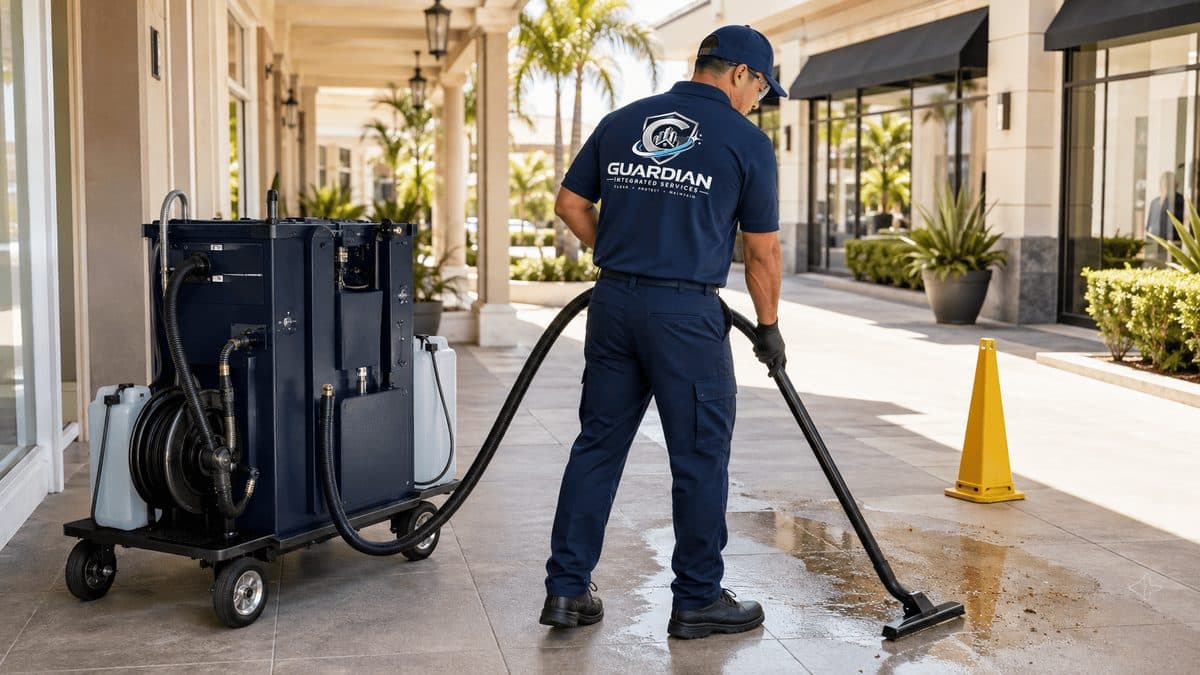 Guardian technician using a wet vacuum recovery system on a tiled walkway outside a storefront