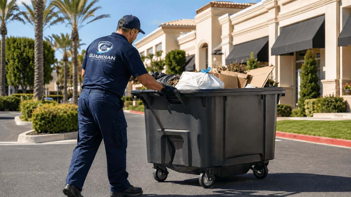 Guardian crew member wheeling a full trash cart across a retail plaza parking lot